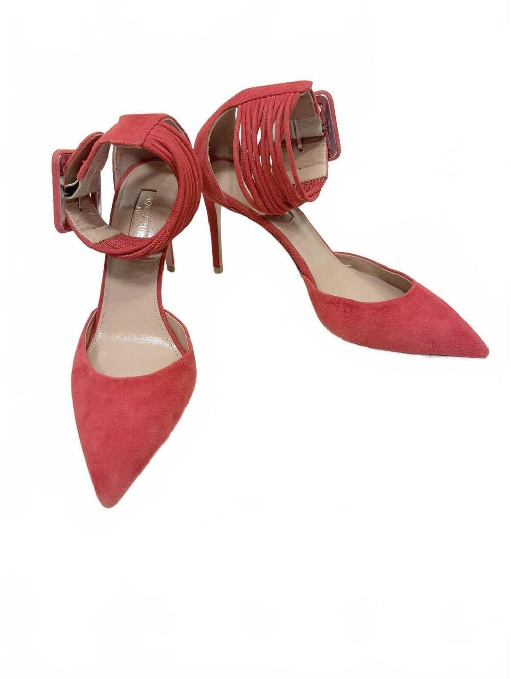 NEW Aquazzura Red Suede Ankle Cuff‎ Pumps Pointed Toe Stiletto Heels Size 37